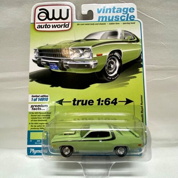 Auto World 1973 Plymouth Road Runner Vintage Muscle Mist Green Rel 1 Ver A NIP - Picture 2 of 15